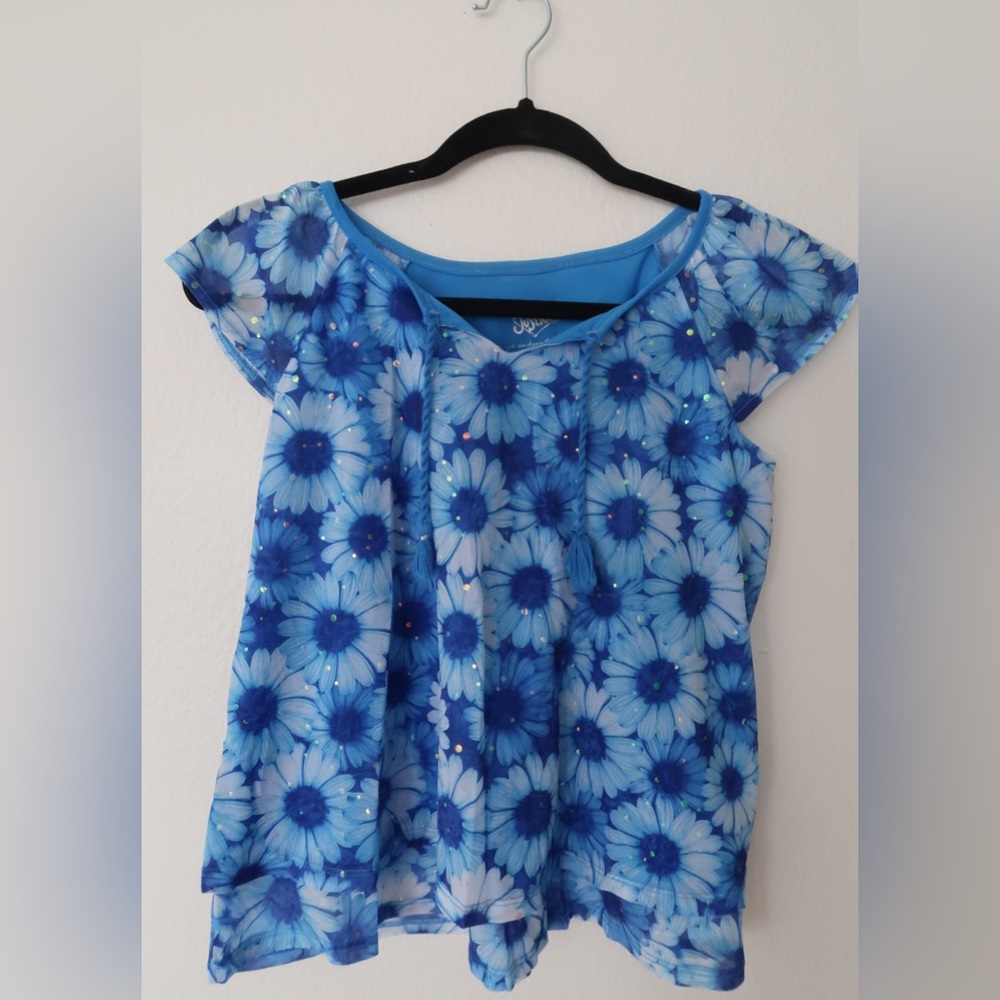 Justice blue, floral girls blouse